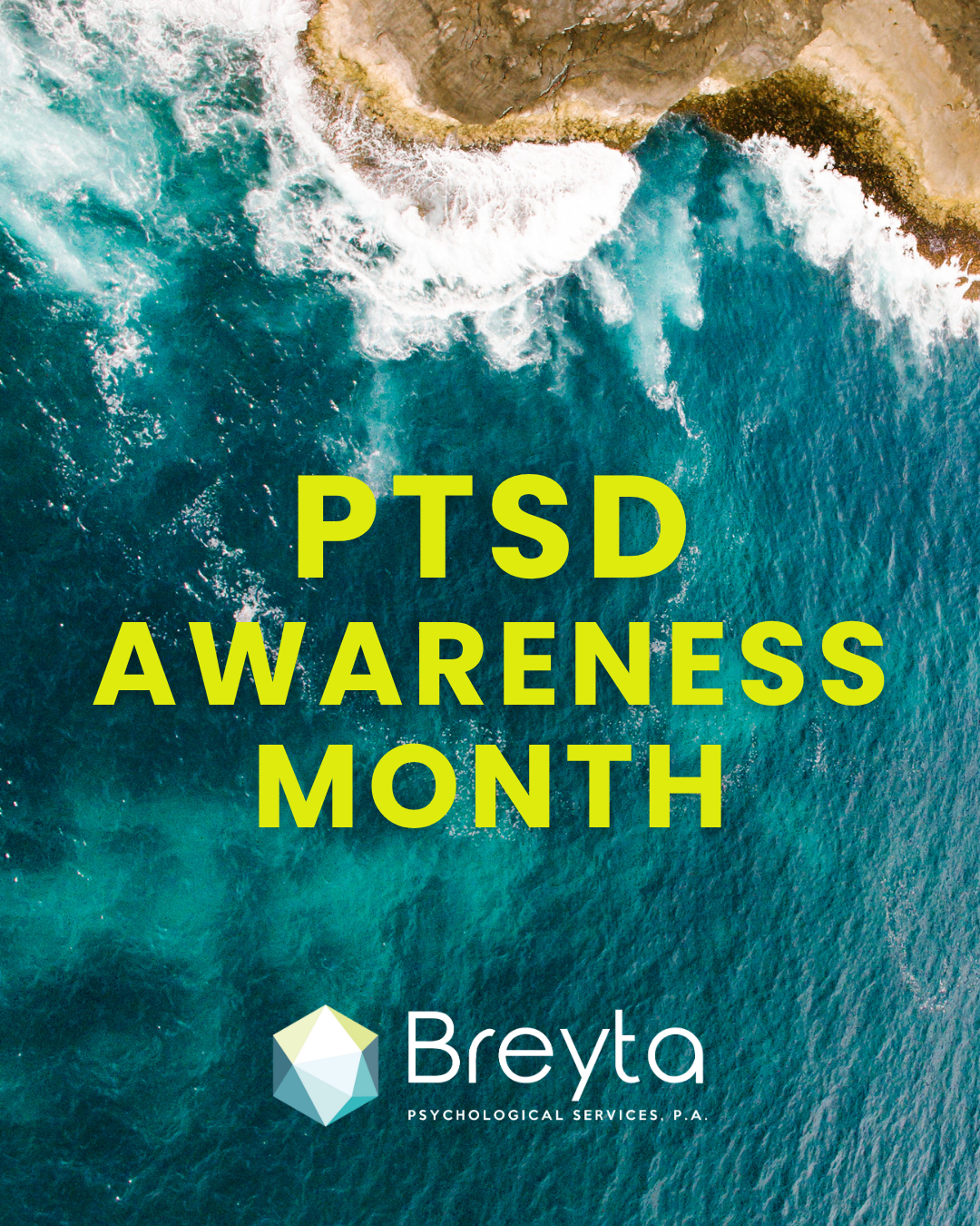 Calming ocean waves with overlay text reading “PTSD Awareness Month” to raise awareness about trauma recovery and mental health.