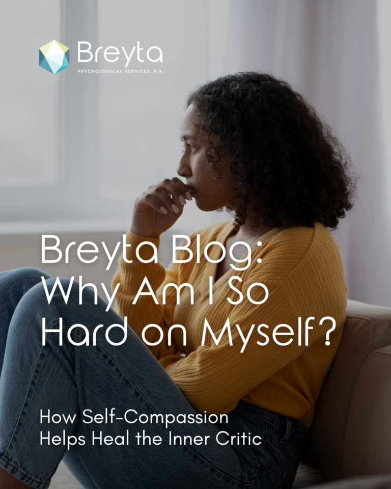 Woman sitting on a couch and gazing thoughtfully into the distance with the text “Why Am I So Hard on Myself? How Self-Compassion Helps Heal the Inner Critic.”