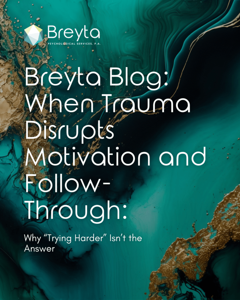 Teal and gold abstract background with text reading &ldquo;Trauma and Motivation: Why Follow-Through Feels So Hard,&rdquo; a blog about PTSD, trauma, and difficulty with motivation