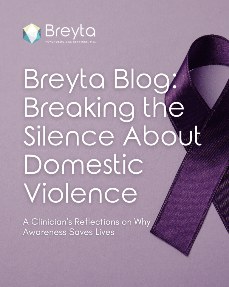 Light purple background with a dark purple domestic violence awareness ribbon and white overlay text reading &ldquo;Breyta Blog: Breaking the Silence on Domestic Violence &mdash; A Clinician&rsquo;s Reflection on Why Awareness Matters.&rdquo;